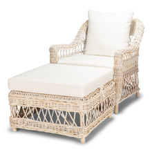 Load image into Gallery viewer, Wicker lounge chair with white cushions on a white background
