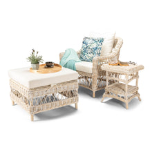 Load image into Gallery viewer, Wicker outdoor furniture set with a chair, ottoman, and side table on a white background