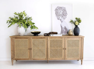 Hamilton Cane Four Door Sideboard - Weathered Oak - Boho Bliss