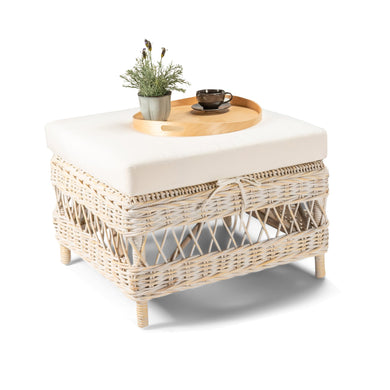 Tia Ottoman - White Washed - Boho Bliss