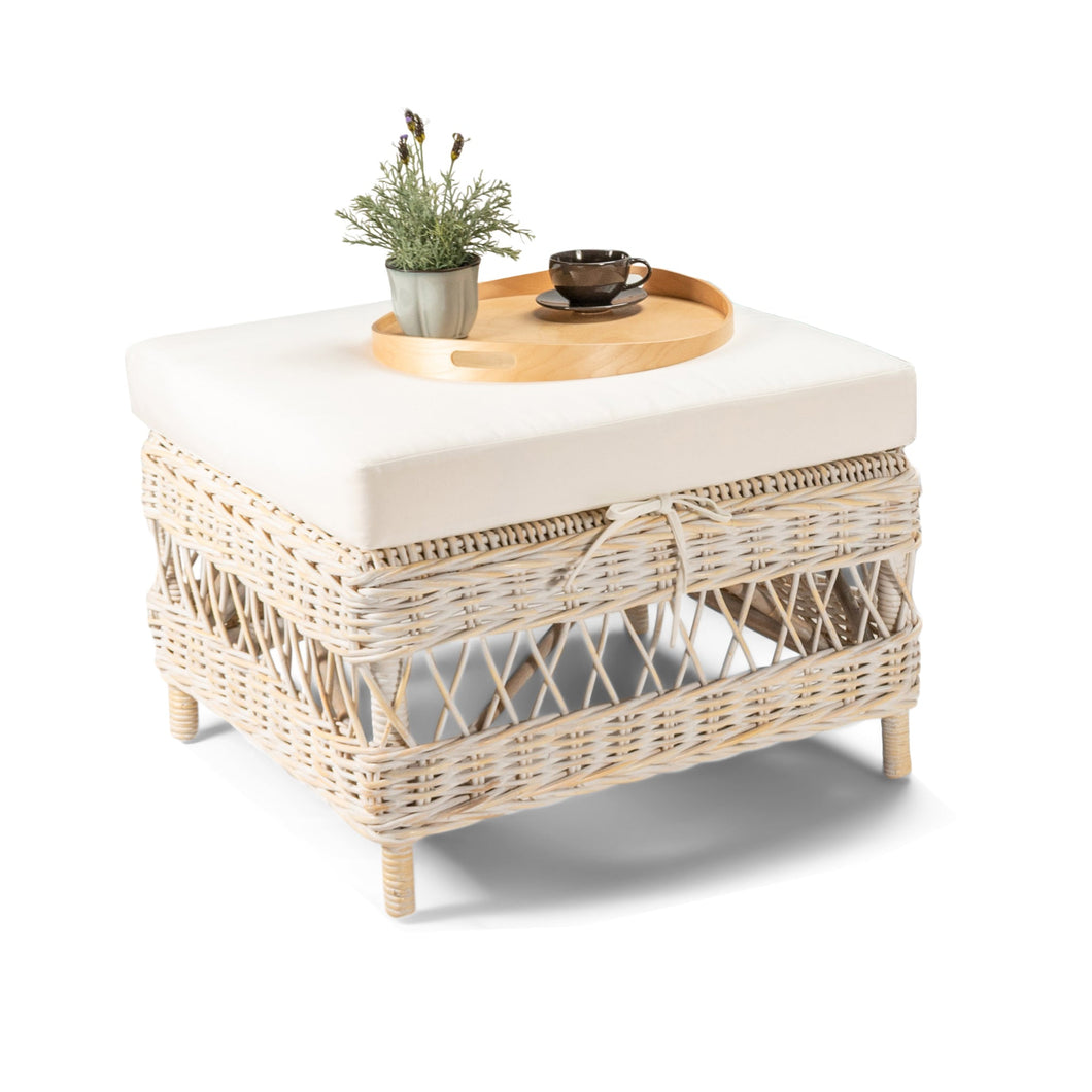 Tia Ottoman - White Washed - Boho Bliss